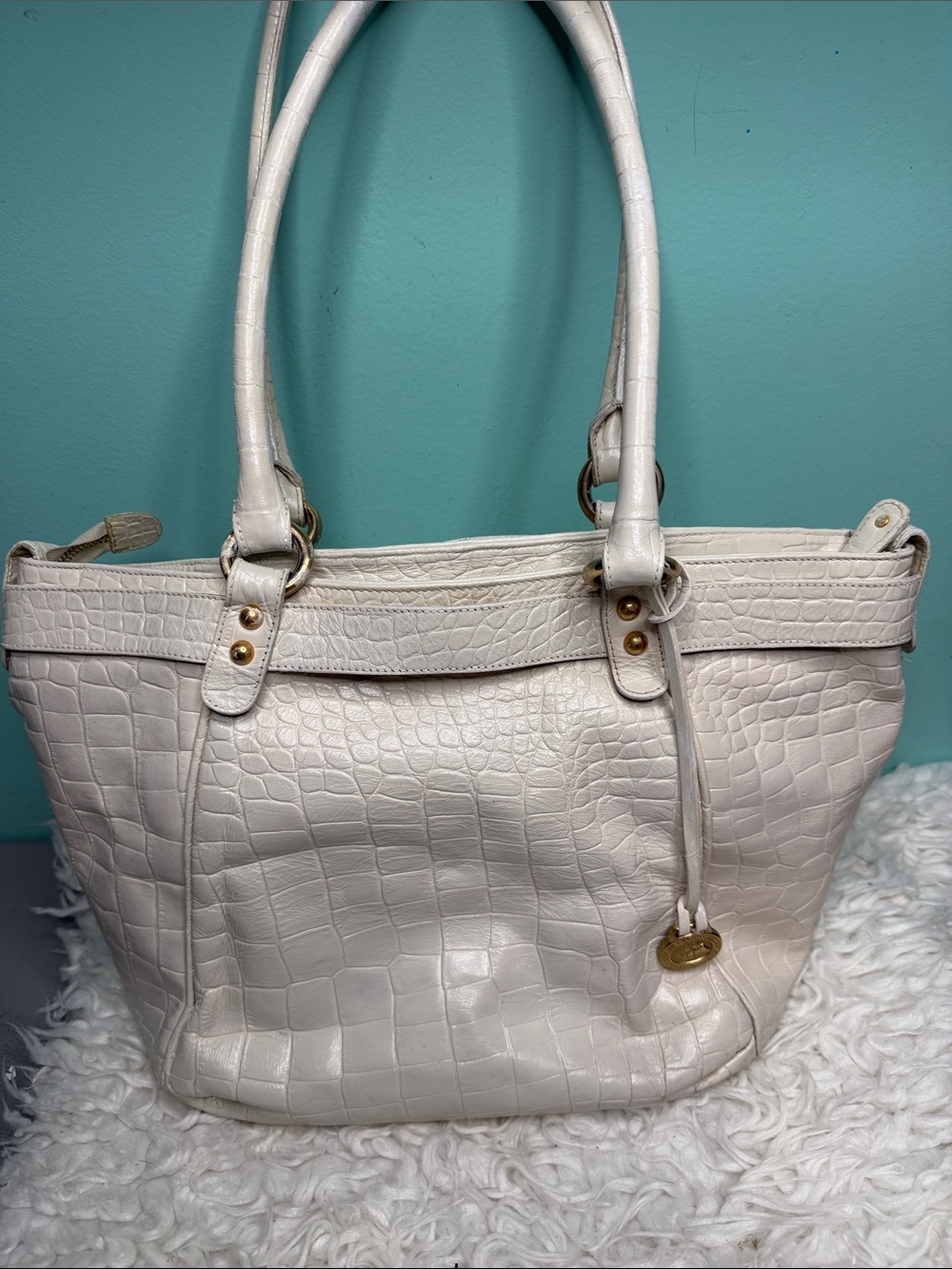 Brahmin Vintage Large White Croc-Embossed Tote Handbag
